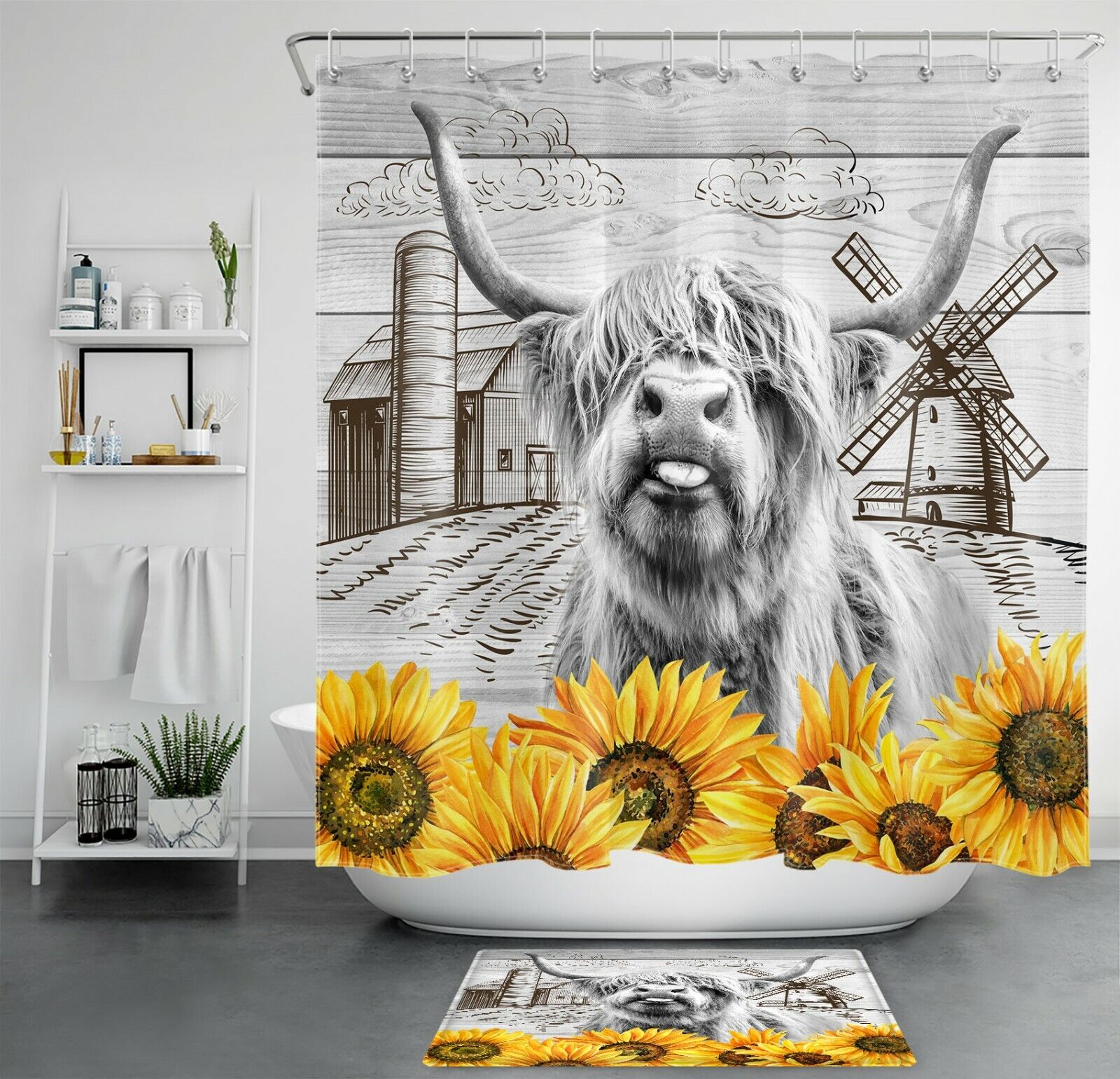 Cute Funny Sunflower Highland Cow Shower Curtain for A Cute Farmhouse Bathroom Look
