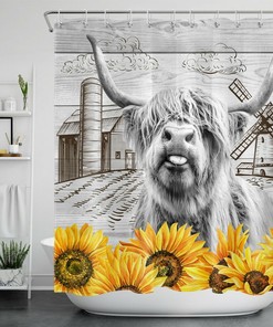 Cute Funny Sunflower Highland Cow Shower Curtain for A Cute Farmhouse Bathroom Look