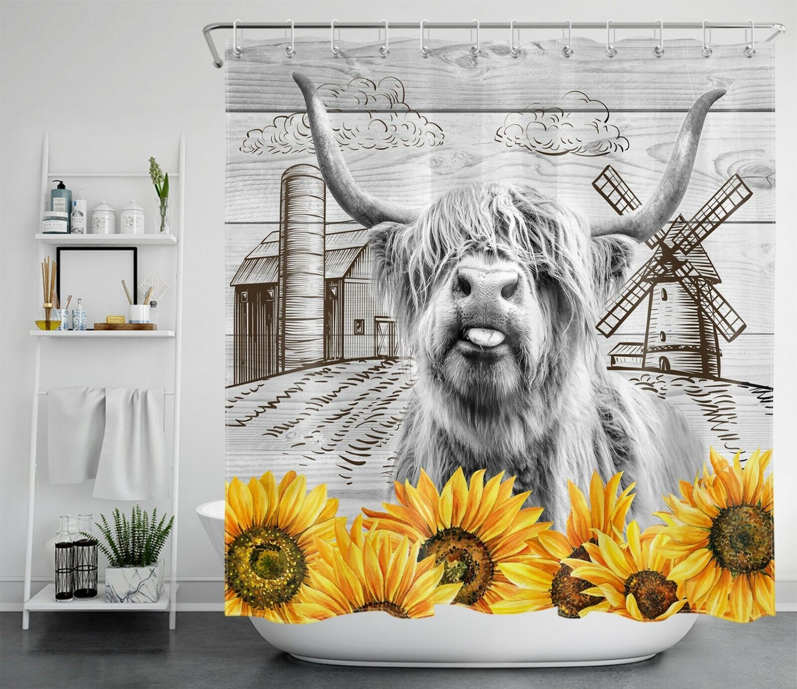Cute Funny Sunflower Highland Cow Shower Curtain for A Cute Farmhouse Bathroom Look