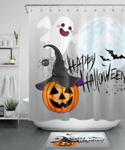 Cute Ghost Pumpkin Witch Spider For Happy Halloween Shower Curtain For Bathroom