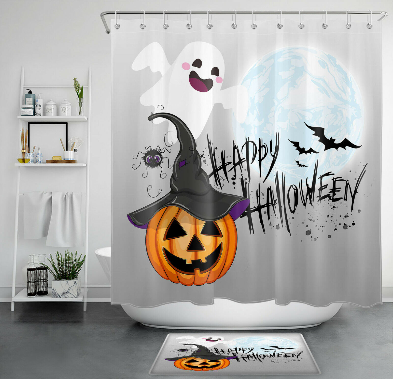 Cute Ghost Pumpkin Witch Spider For Happy Halloween Shower Curtain For Bathroom