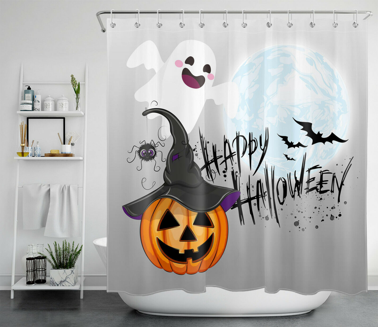 Cute Ghost Pumpkin Witch Spider For Happy Halloween Shower Curtain For Bathroom