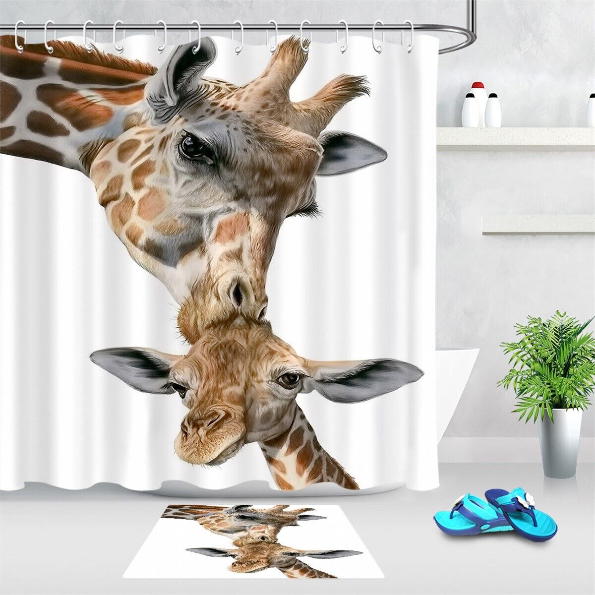Cute Giraffe Mother Kiss Kid Shower Curtain - Adorable And Funny Animal For Bathroom Decor