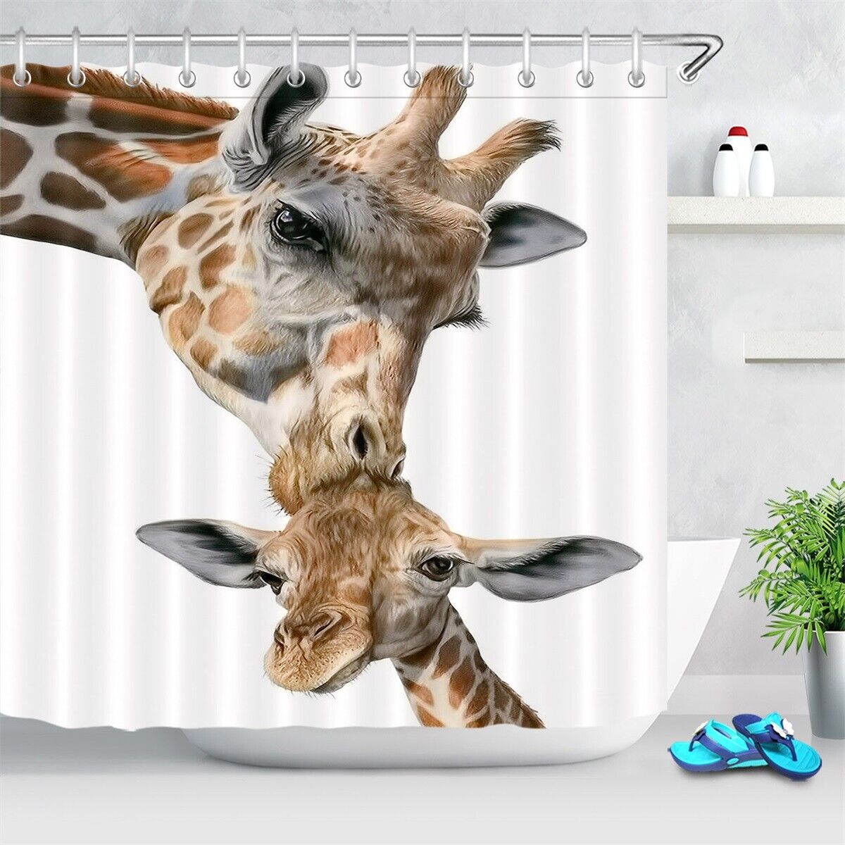Cute Giraffe Mother Kiss Kid Shower Curtain - Adorable And Funny Animal For Bathroom Decor