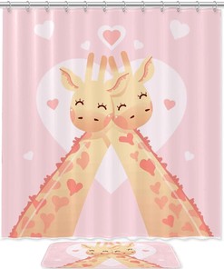 Cute Giraffes Shower Curtain Mat For Bathroom With Waterproof Fabric, Animal Bathroom Decor