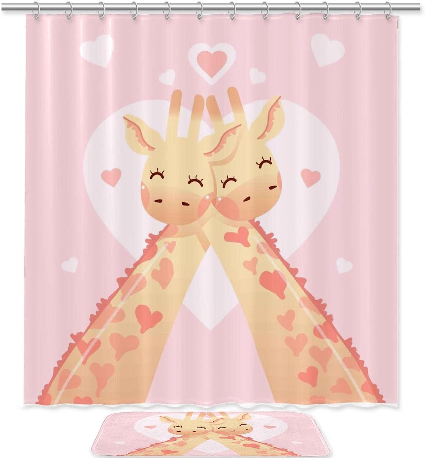 Cute Giraffes Shower Curtain Mat For Bathroom With Waterproof Fabric, Animal Bathroom Decor