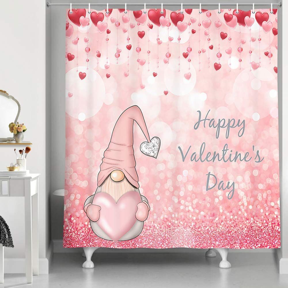 Cute Gnome Hearts Rain Fabric Waterproof Shower Curtain For Your Bathroom Decor