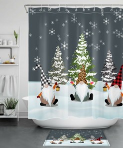 Cute Gnome Snowflake Christmas Tree Shower Curtain With Bathroom Accessories