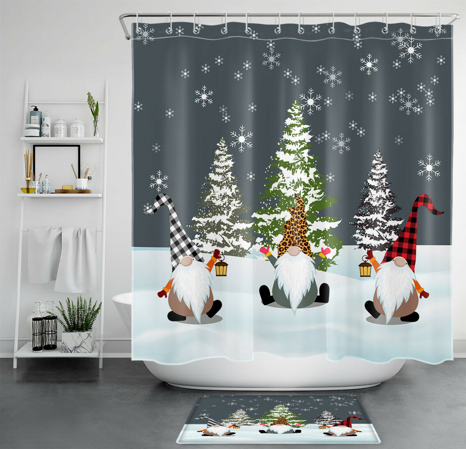 Cute Gnome Snowflake Christmas Tree Shower Curtain With Bathroom Accessories