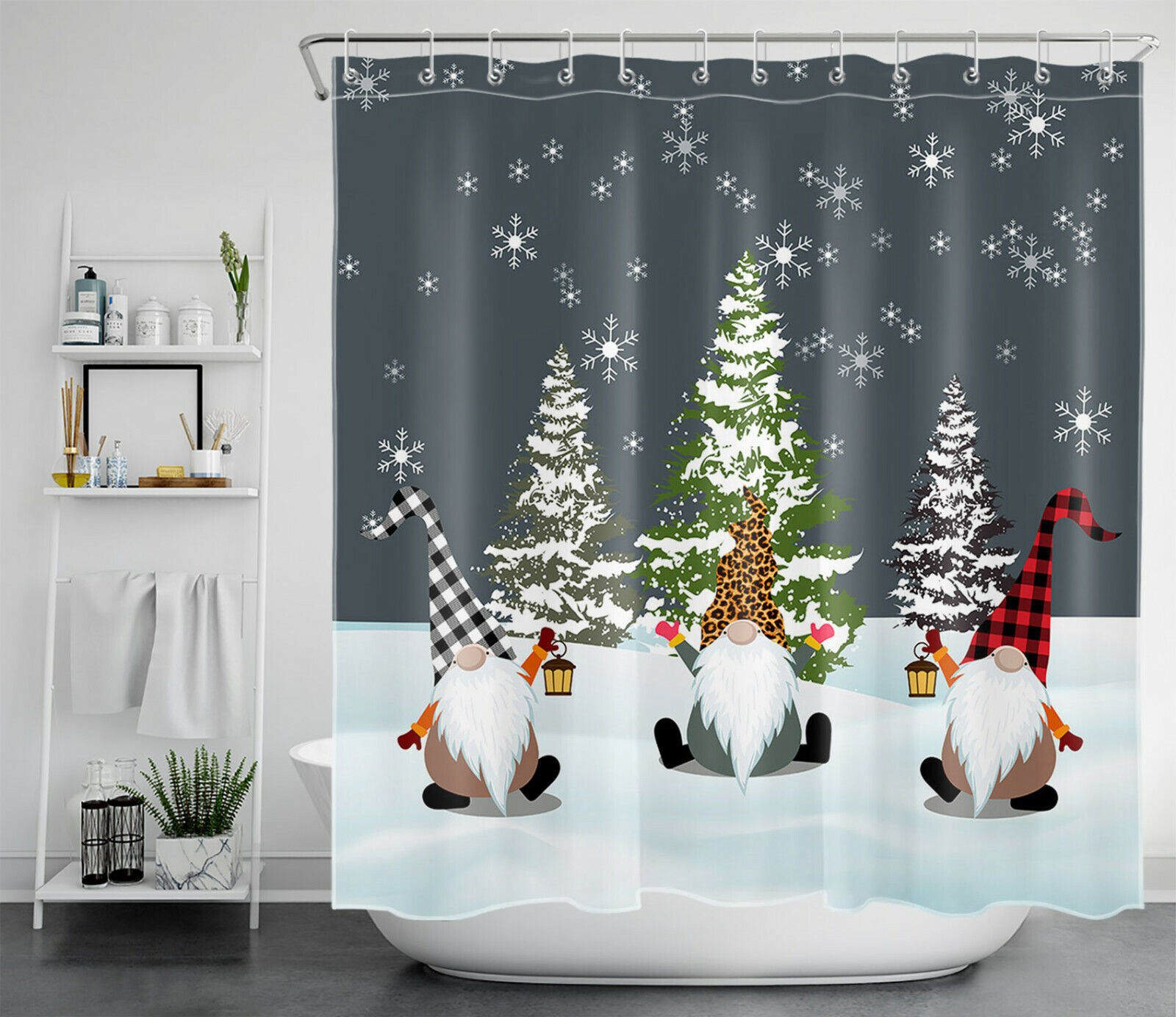 Cute Gnome Snowflake Christmas Tree Shower Curtain With Bathroom Accessories