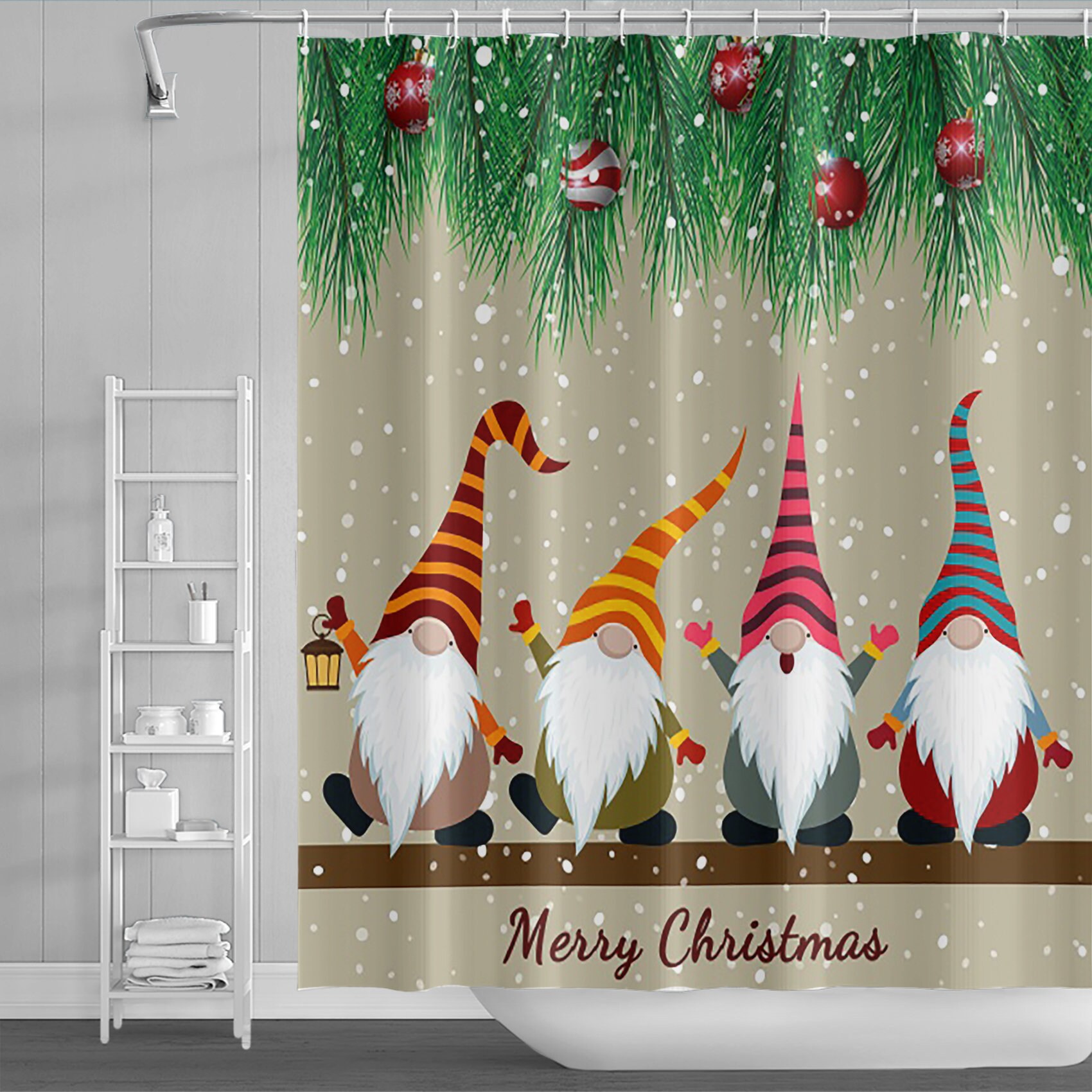 Cute Gnome Snowman Snowflake Christmas Shower Curtain - Fun Festive Bathroom Decor