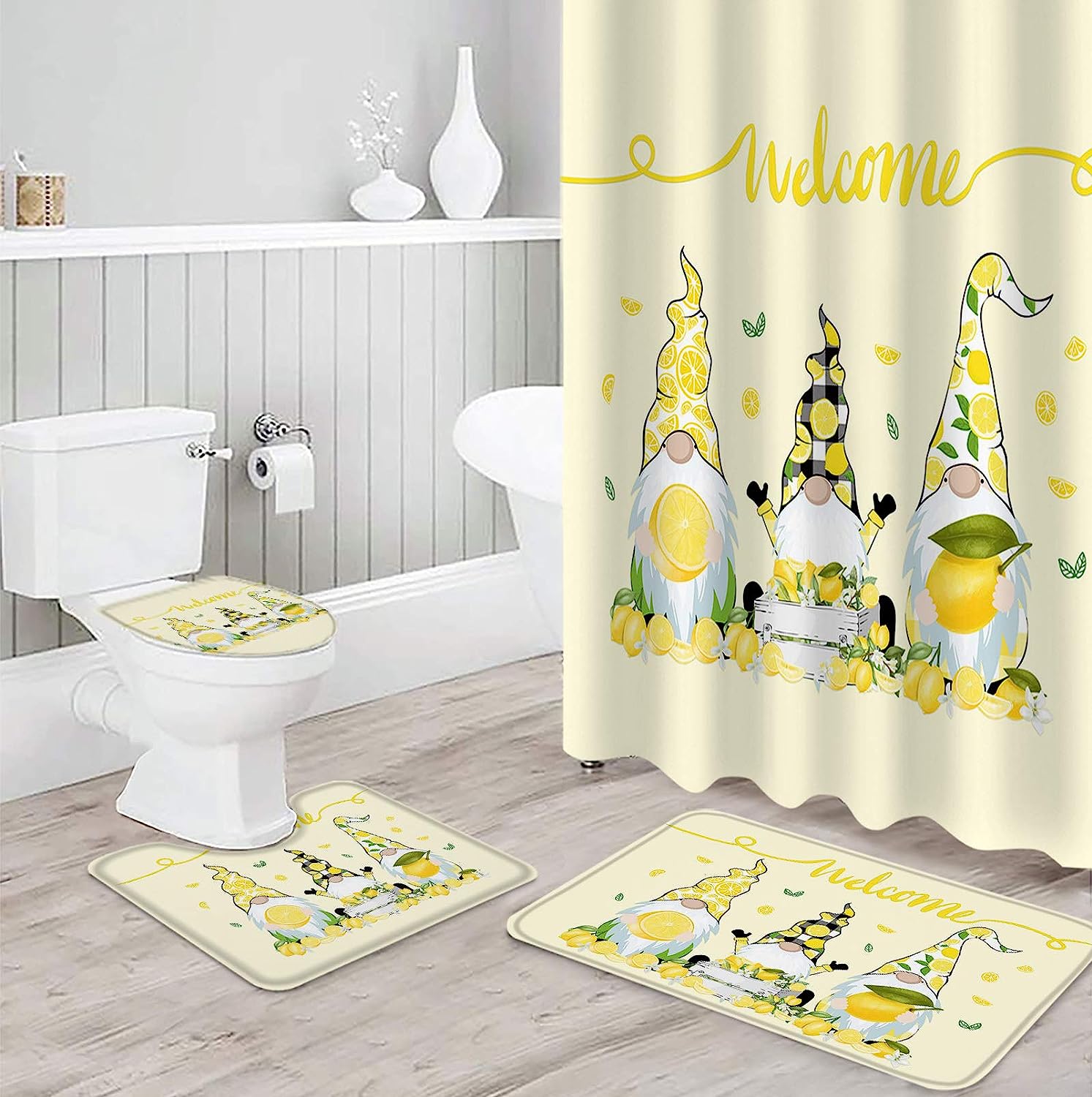 Cute Gnome with Lemon Rustic Yellow Backdrop Vintage Shower Curtain