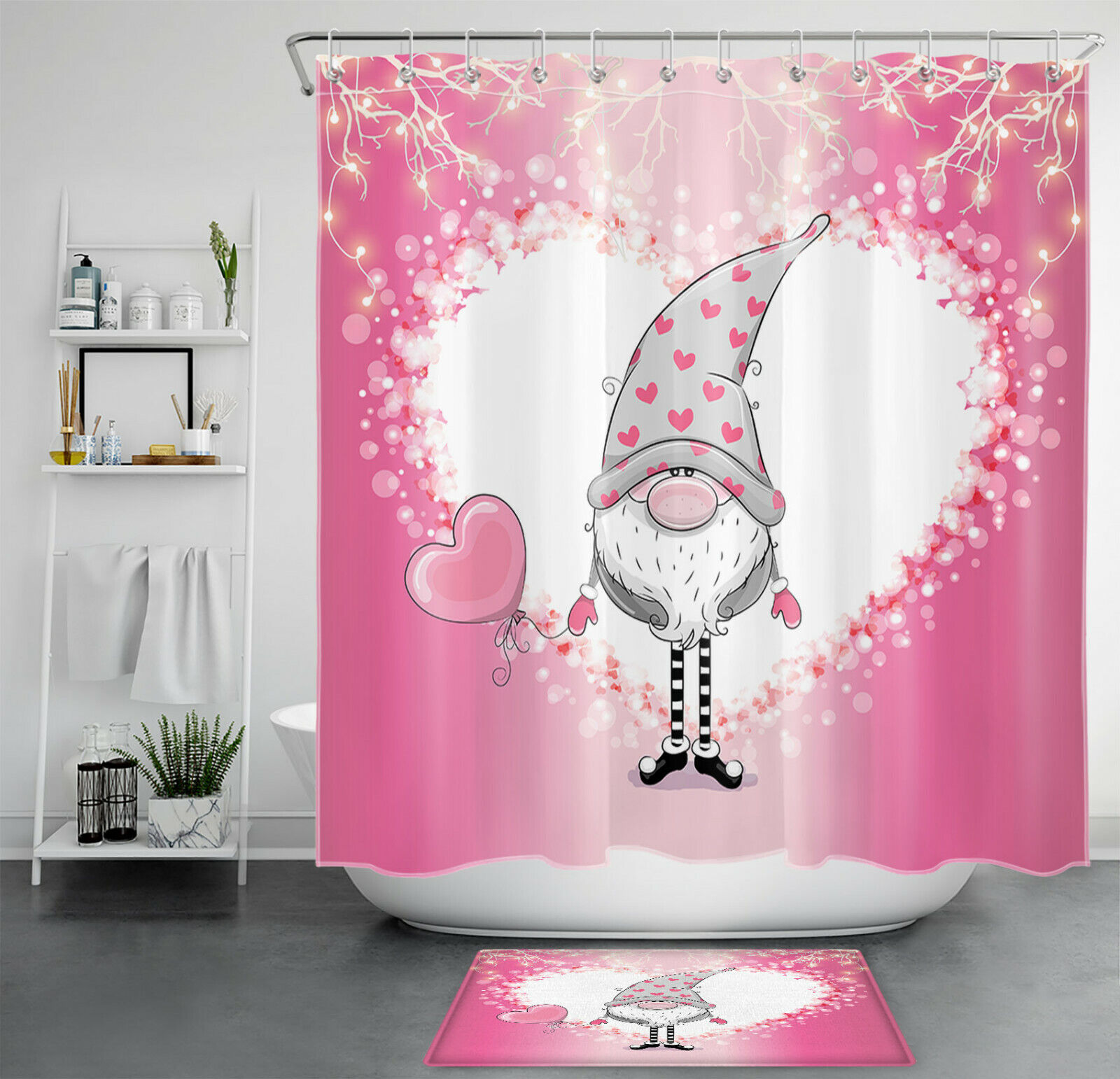 Cute Gnome with Pink Love Hearts Shower Curtain for Bathroom Decor
