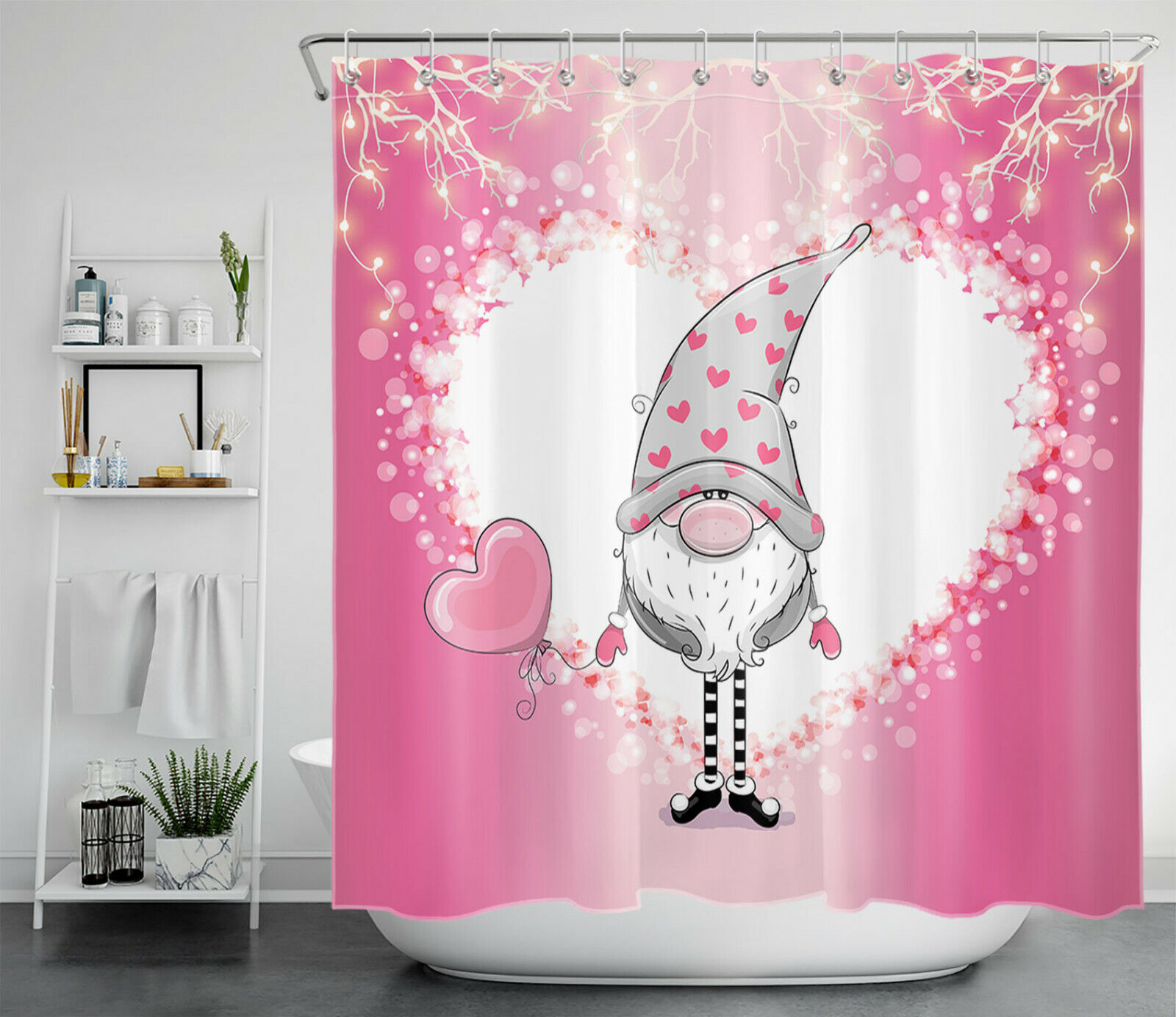 Cute Gnome with Pink Love Hearts Shower Curtain for Bathroom Decor