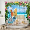 Cute Gnomes Tropical Island Beach Scene Shower Curtain with Watercolor Summer Holiday Fantasy Garden Curtains