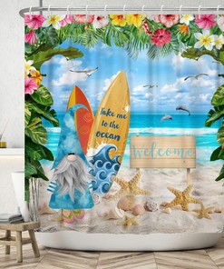 Cute Gnomes Tropical Island Beach Scene Shower Curtain with Watercolor Summer Holiday Fantasy Garden Curtains