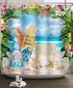 Cute Gnomes Tropical Island Beach Scene Shower Curtain with Watercolor Summer Holiday Fantasy Garden Curtains