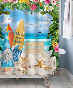 Cute Gnomes Tropical Island Beach Scene Shower Curtain with Watercolor Summer Holiday Fantasy Garden Curtains