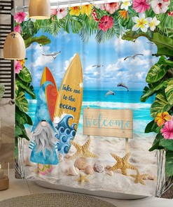 Cute Gnomes Tropical Island Beach Scene Shower Curtain with Watercolor Summer Holiday Fantasy Garden Curtains