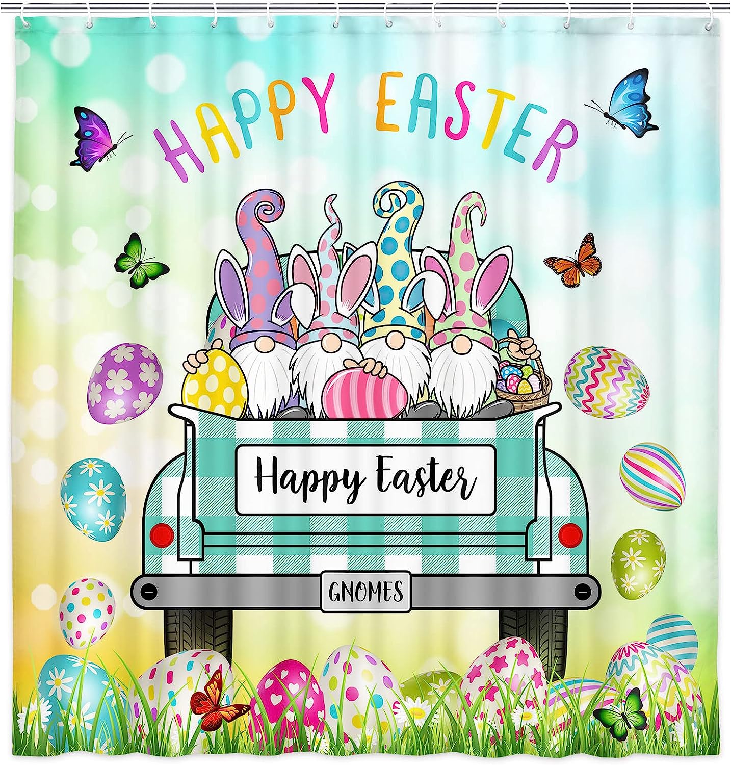 Cute Gnomes and Colorful Easter Eggs Shower Curtain for Spring Bathroom Decor