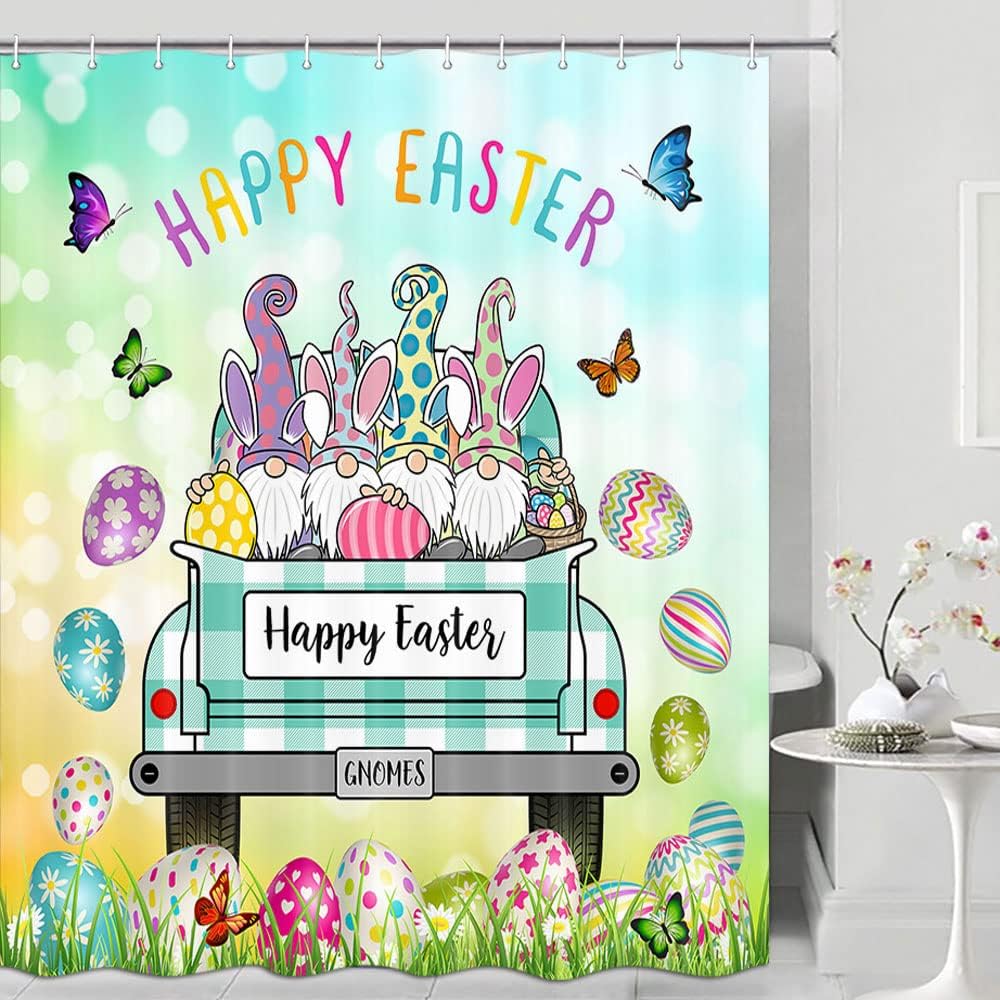Cute Gnomes and Colorful Easter Eggs Shower Curtain for Spring Bathroom Decor
