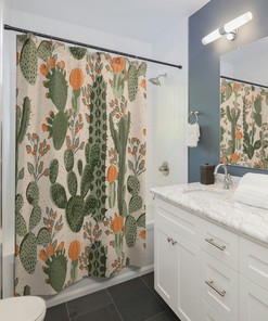 Cute Green Cactus Shower Curtain Set For Kids Bathroom Decor, Matching Bath Accessories Included