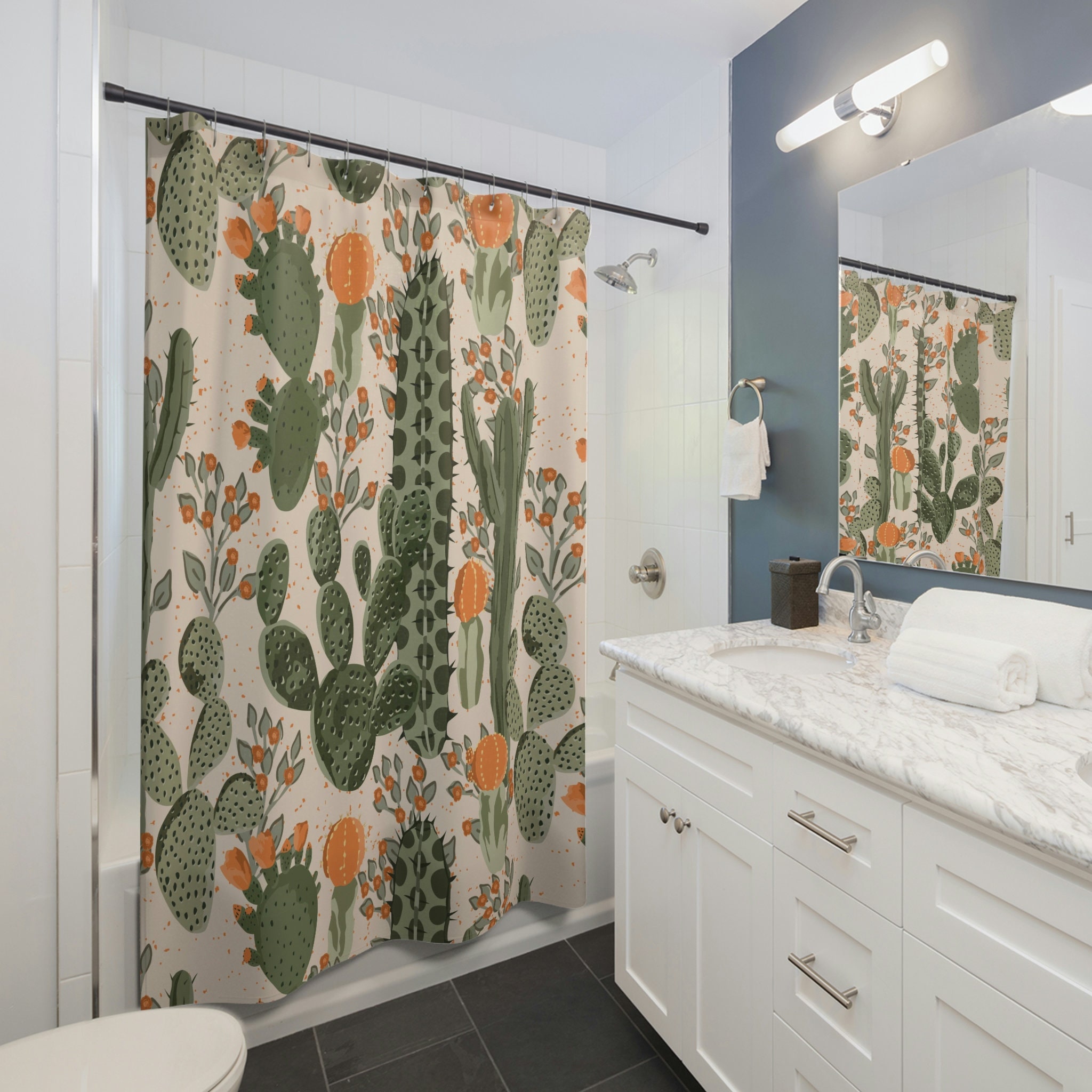 Cute Green Cactus Shower Curtain Set For Kids Bathroom Decor, Matching Bath Accessories Included