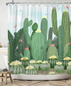Cute Green Cactus and Butterfly Shower Curtain for Girls and Kids Bathroom Decor