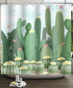 Cute Green Cactus and Butterfly Shower Curtain for Girls and Kids Bathroom Decor