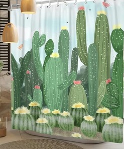Cute Green Cactus and Butterfly Shower Curtain for Girls and Kids Bathroom Decor