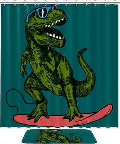 Cute Green Dinosaur Shower Curtain Made With High-Quality And Waterproof Fabric For A Durable Bathroom Decor