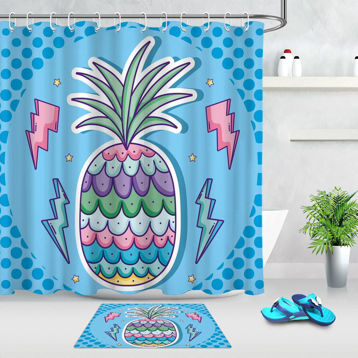 Cute Green Frog And Pond Cartoon Waterproof Fabric Shower Curtain