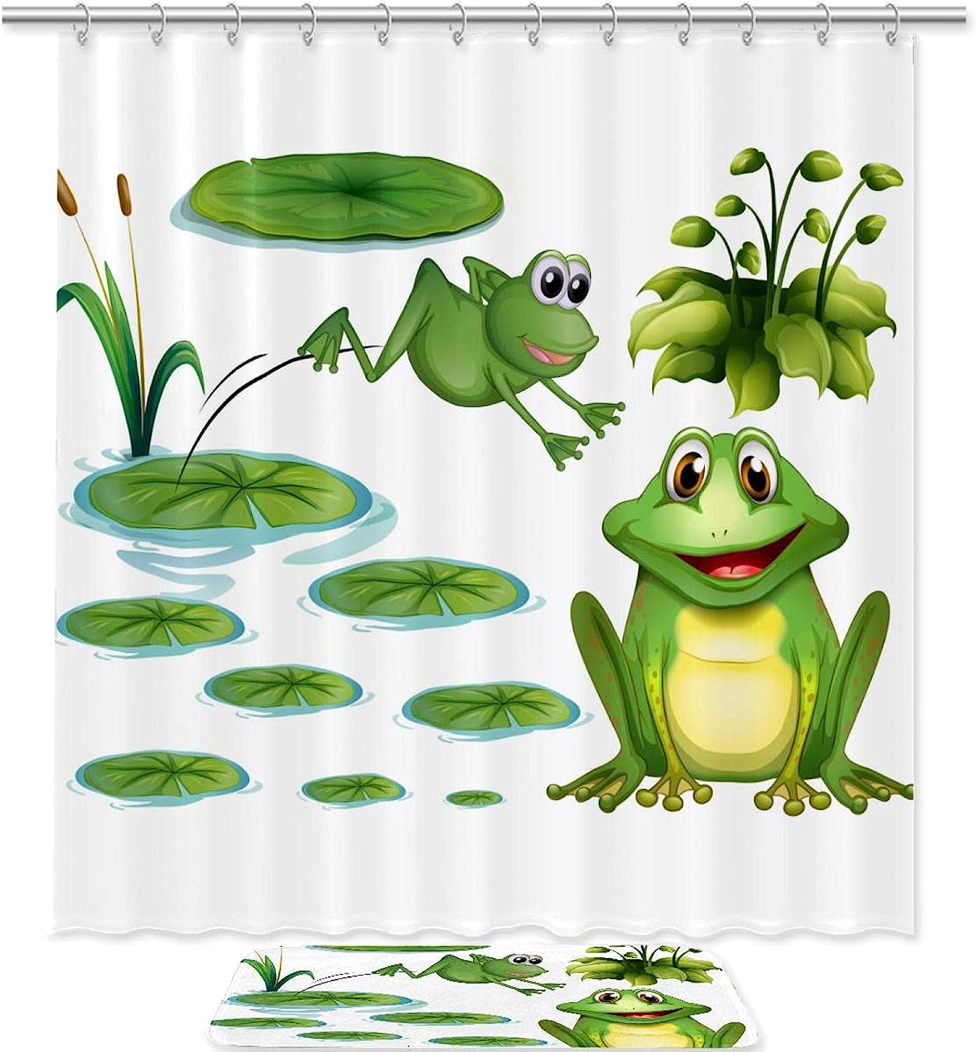 Cute Green Frog Print Shower Curtain For Playful And Waterproof Bathroom