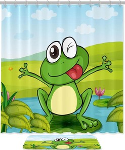 Cute Green Frog Smiling Print Shower Curtain For Fun And Colorful Bathroom Decor