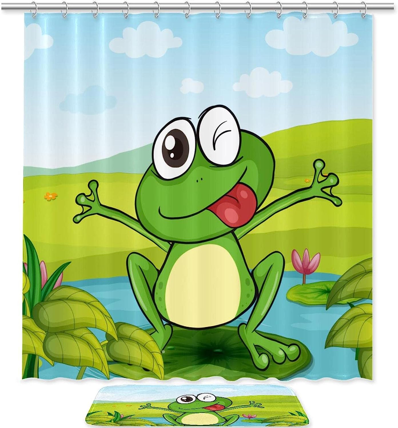 Cute Green Frog Smiling Print Shower Curtain For Fun And Colorful Bathroom Decor