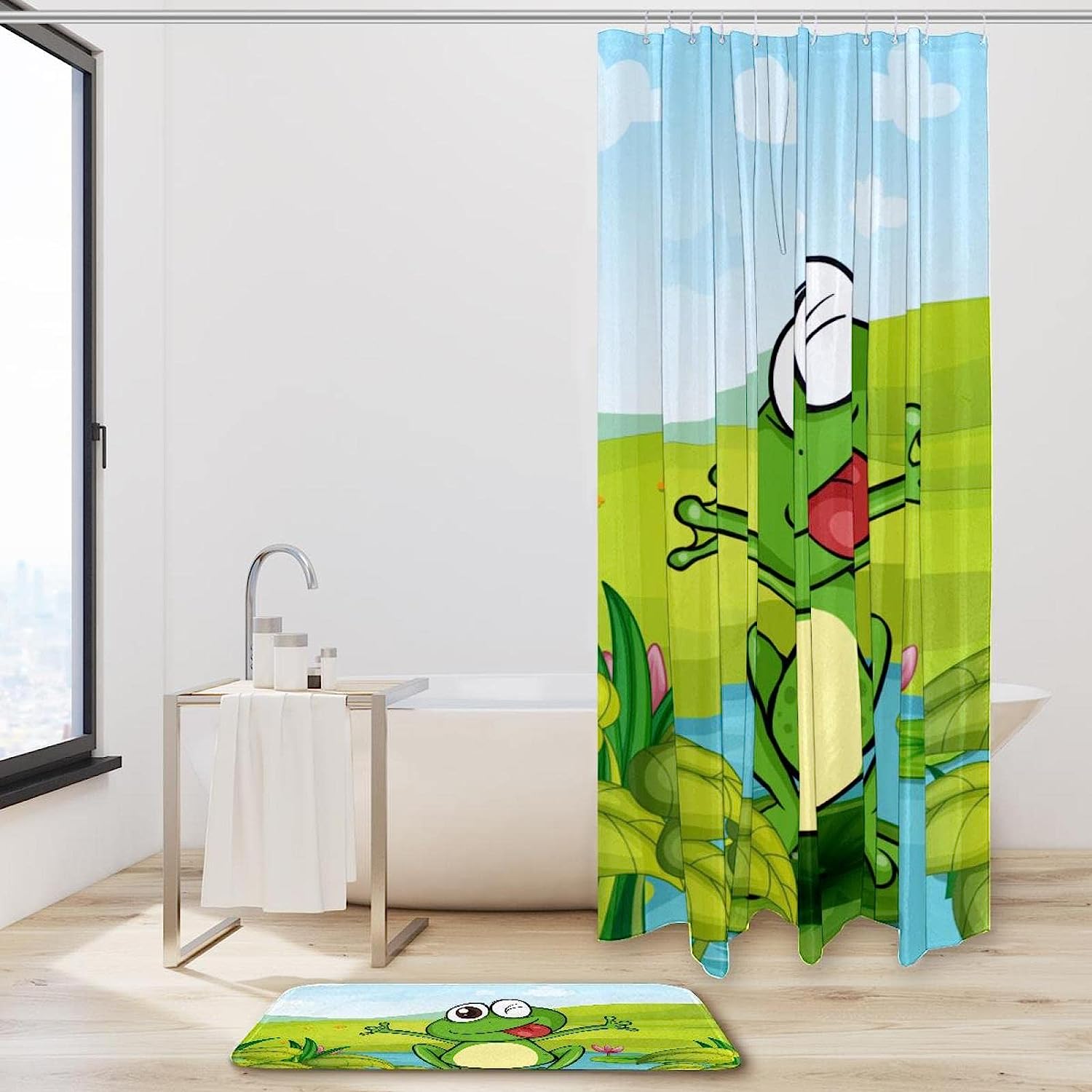 Cute Green Frog Smiling Print Shower Curtain For Fun And Colorful Bathroom Decor - Image 2
