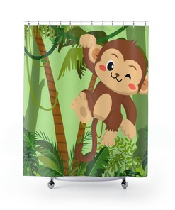 Cute Green Monkey Jungle Shower Curtain for Kids Bathroom Decor