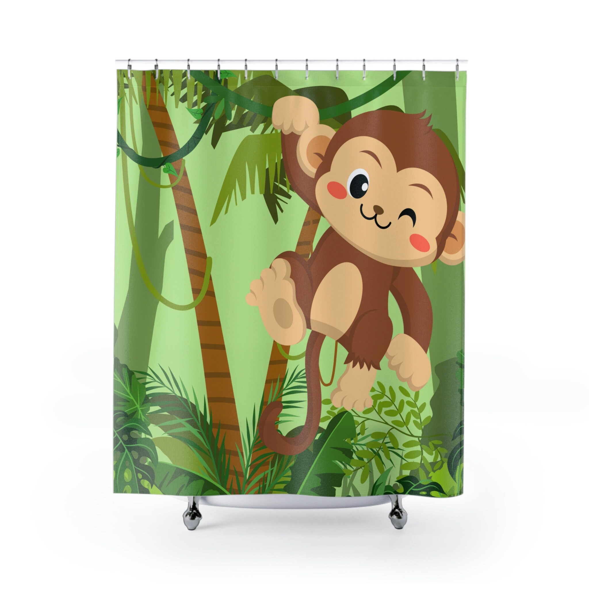 Cute Green Monkey Jungle Shower Curtain for Kids Bathroom Decor