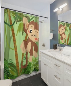 Cute Green Monkey Jungle Shower Curtain for Kids Bathroom Decor