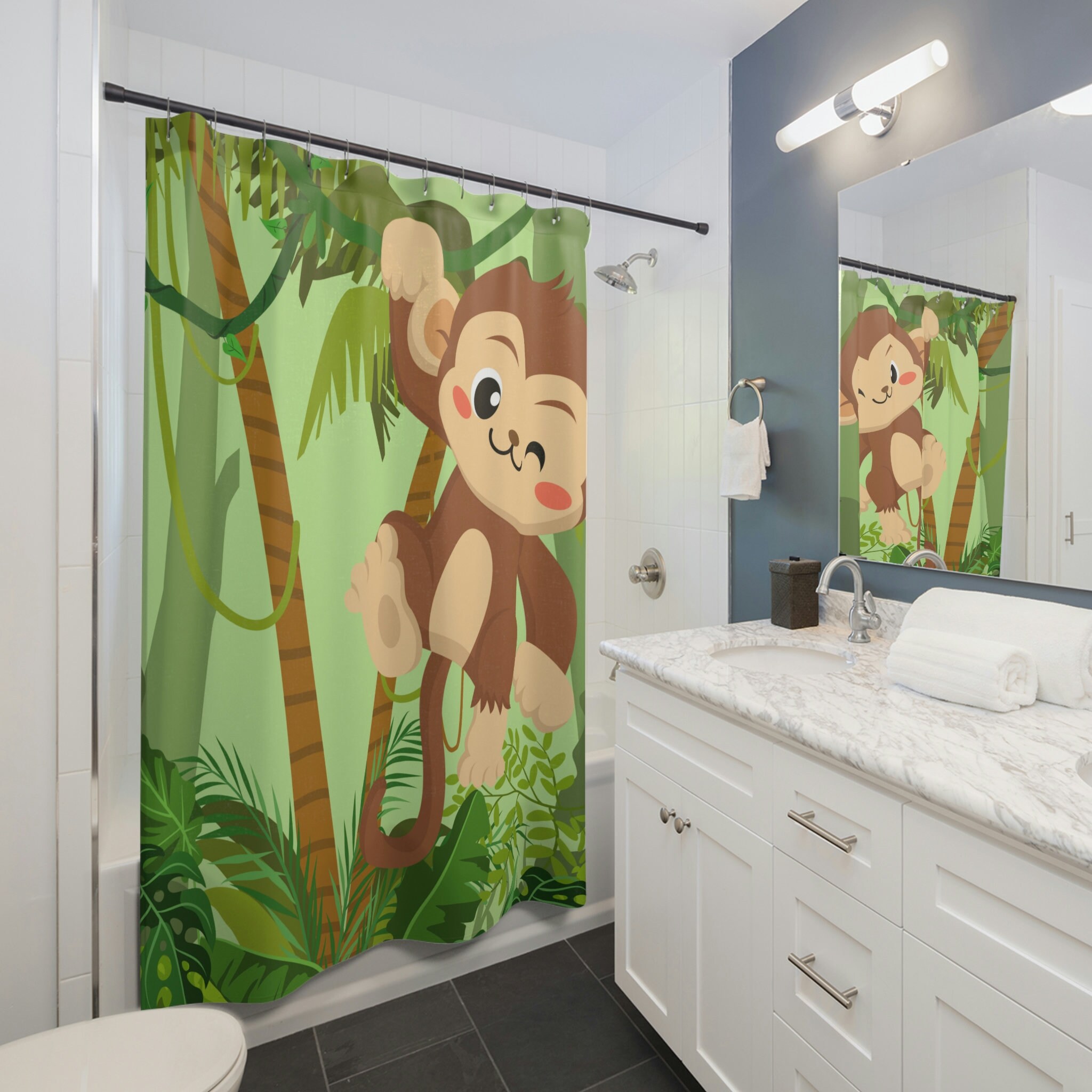 Cute Green Monkey Jungle Shower Curtain for Kids Bathroom Decor