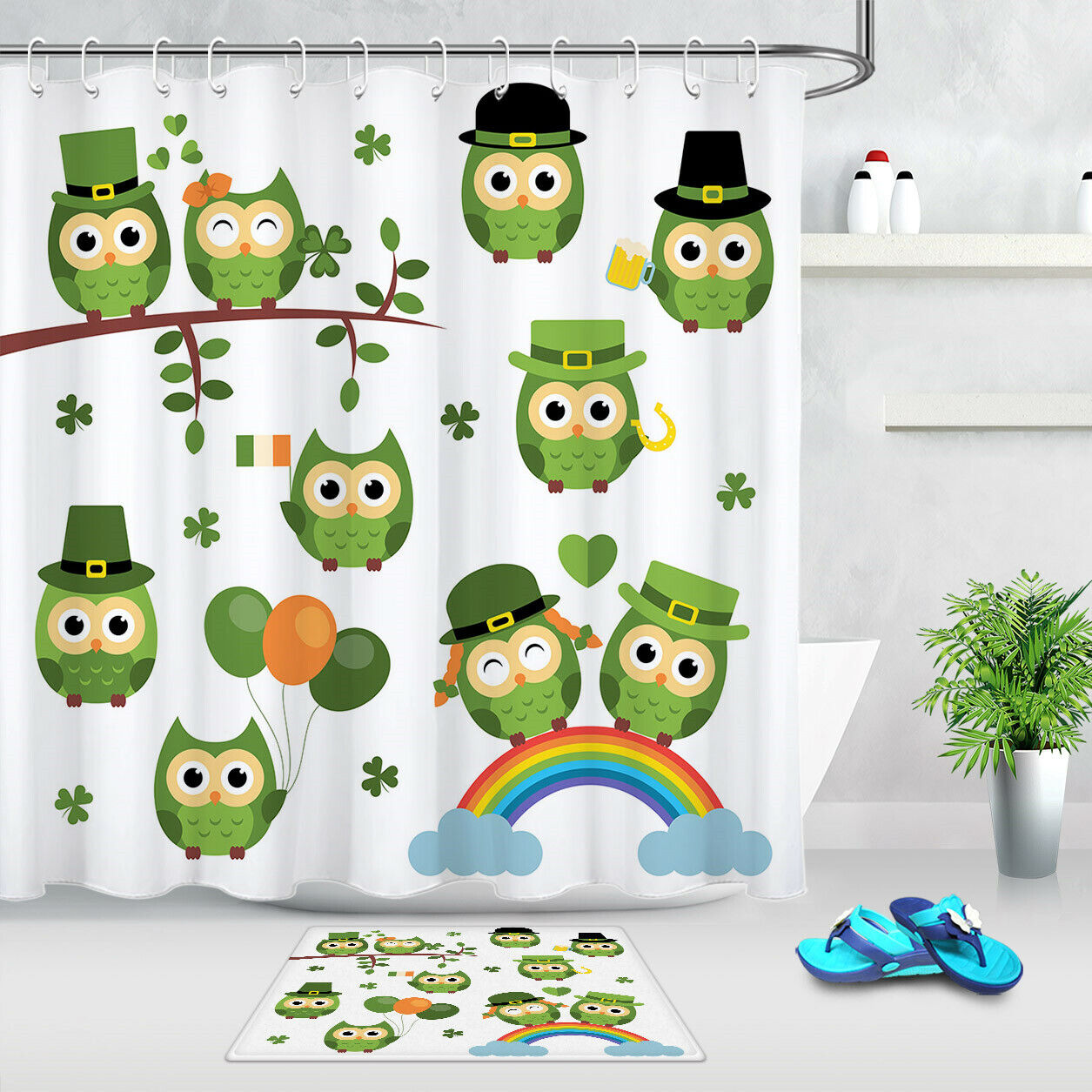 Cute Green Owls and Clovers Shower Curtain for a Fun and Playful St Patrick's Day Bathroom