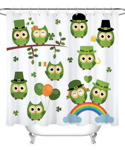 Cute Green Owls and Clovers Shower Curtain for a Fun and Playful St Patrick's Day Bathroom