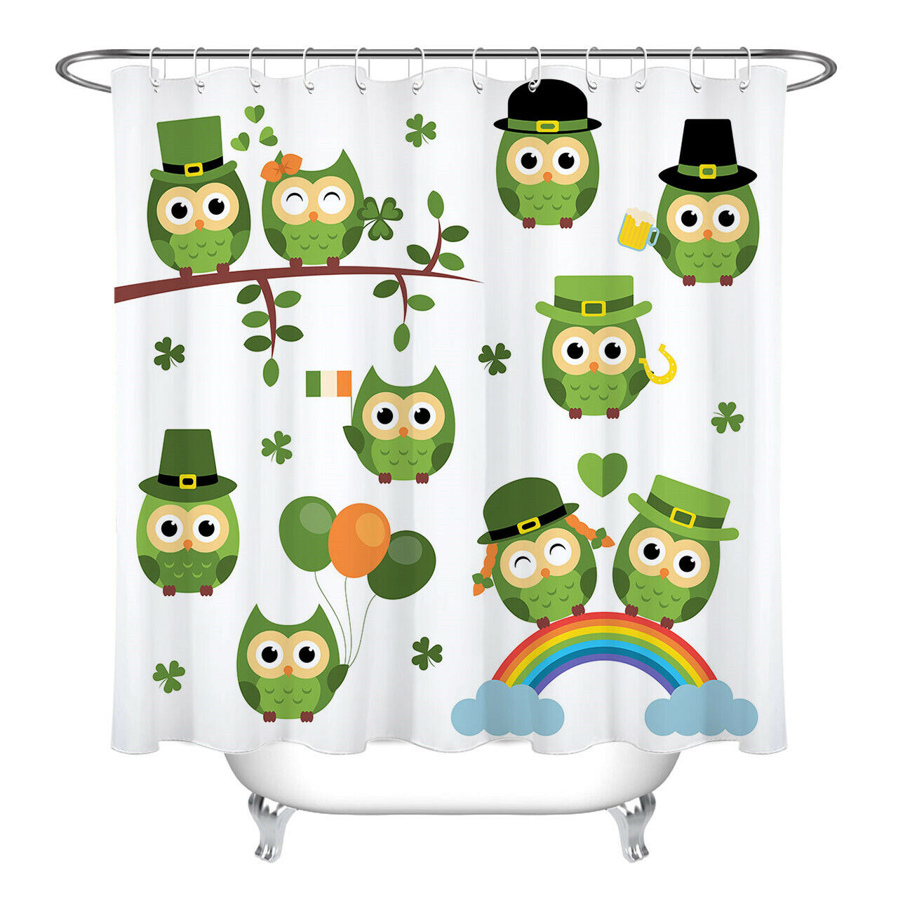 Cute Green Owls and Clovers Shower Curtain for a Fun and Playful St Patrick's Day Bathroom