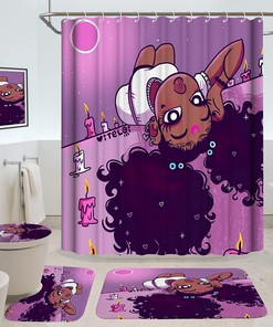 Cute Hair Black Girl Shower Curtain Set With Cool Moon And Candles Bath Decor And African American Lady Bathroom Mat