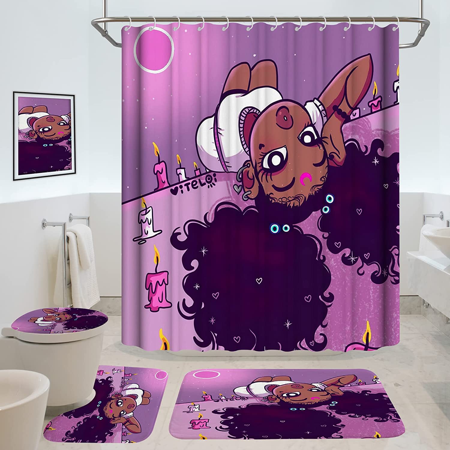 Cute Hair Black Girl Shower Curtain Set With Cool Moon And Candles Bath Decor And African American Lady Bathroom Mat