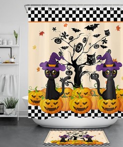Cute Halloween Pumpkins With Cartoon Owls And Cats Print Shower Curtain