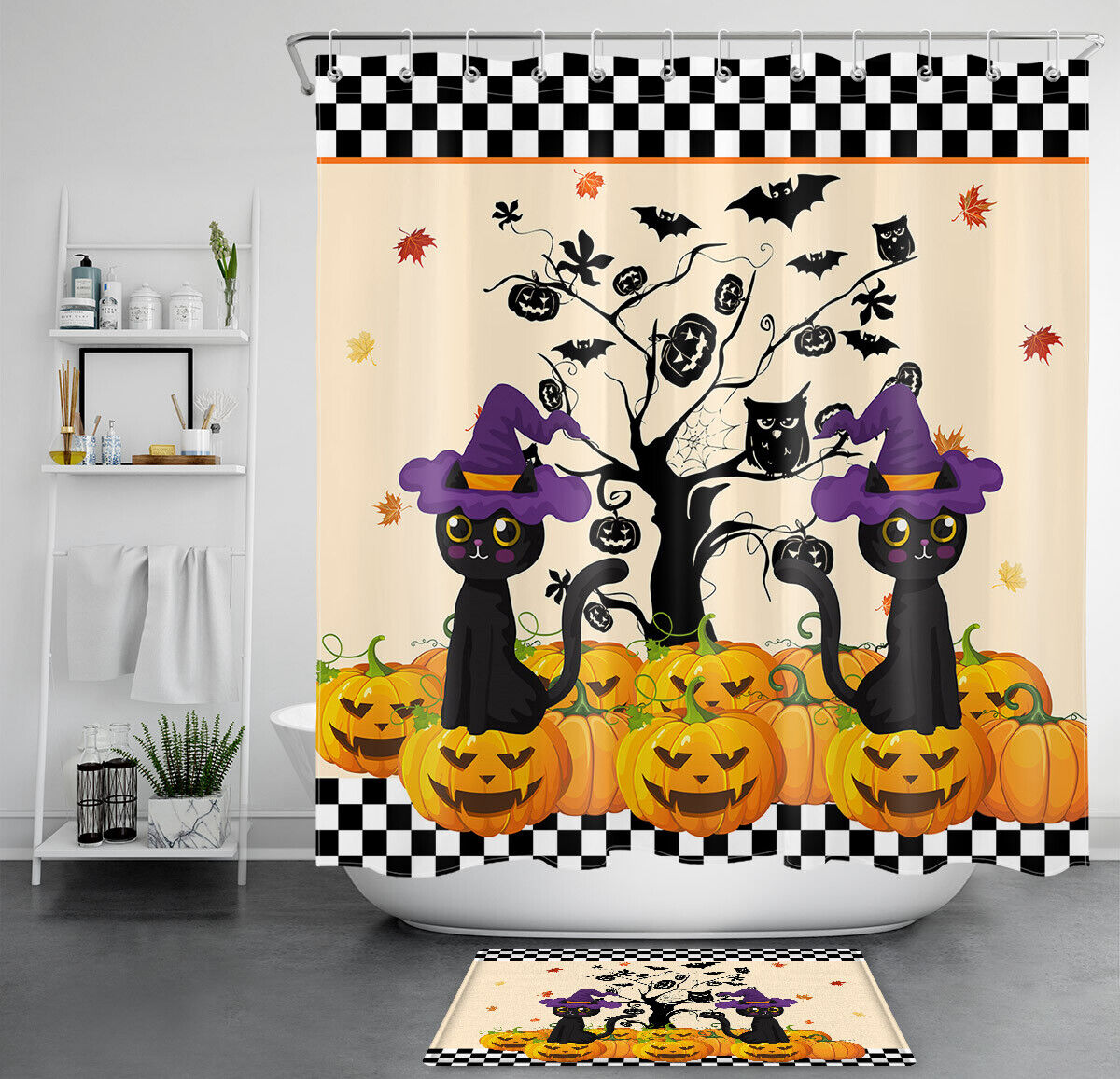 Cute Halloween Pumpkins With Cartoon Owls And Cats Print Shower Curtain