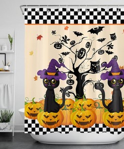 Cute Halloween Pumpkins With Cartoon Owls And Cats Print Shower Curtain