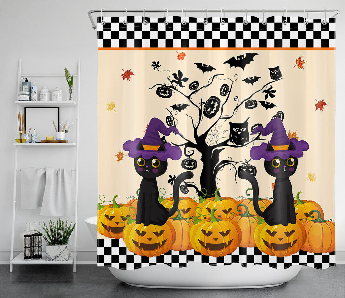 Cute Halloween Pumpkins With Cartoon Owls And Cats Print Shower Curtain