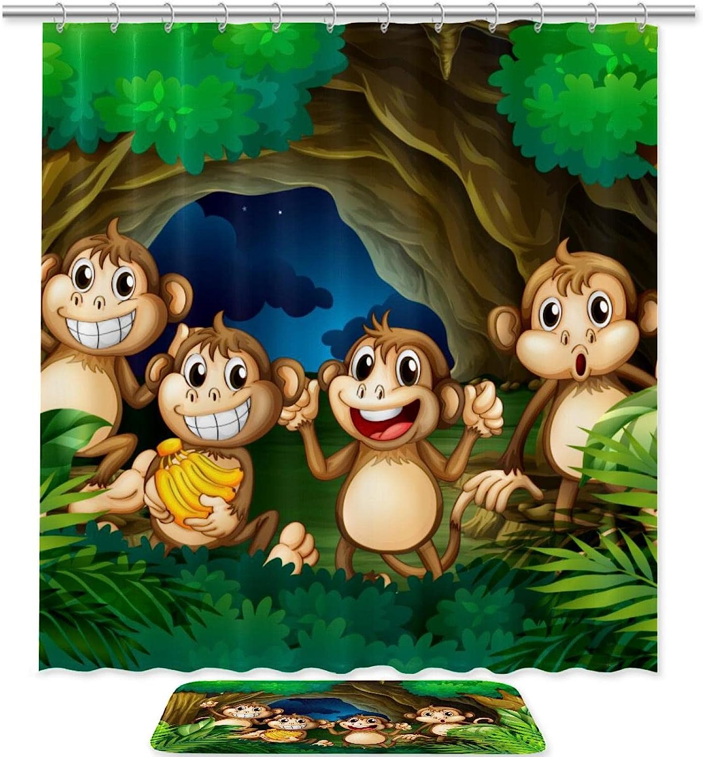 Cute Happy Monkeys In Deep Forest Restroom Shower Curtain For Natural Ambience